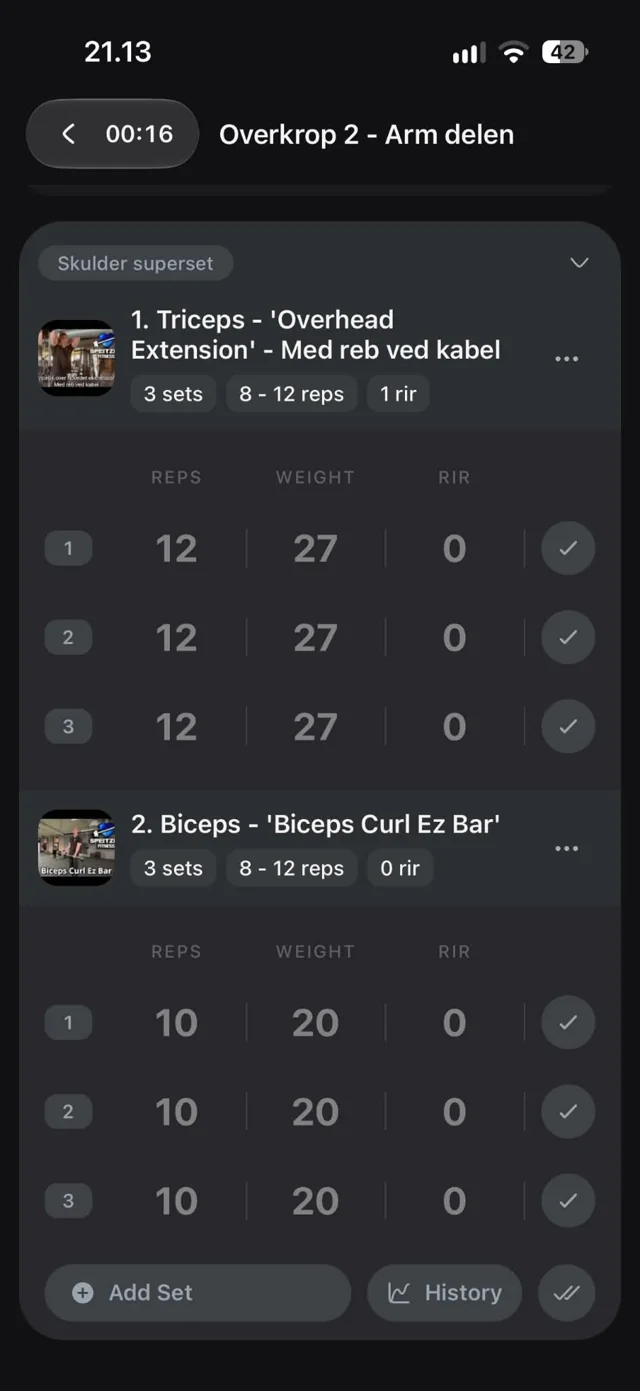 Øvelsen og de planlagte sæt i Speitzer Fitness-appen